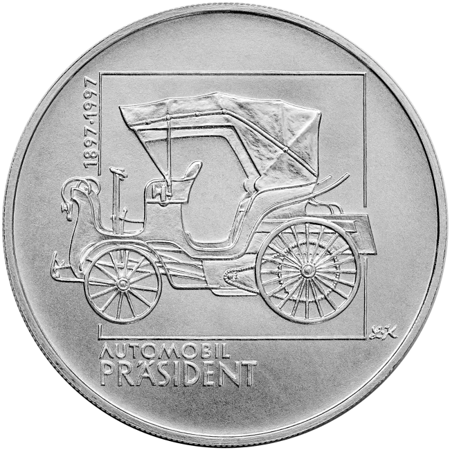 Pamätná strieborná minca. 200 kč 1997. 100. výročie výroby prvého osobného automobilu