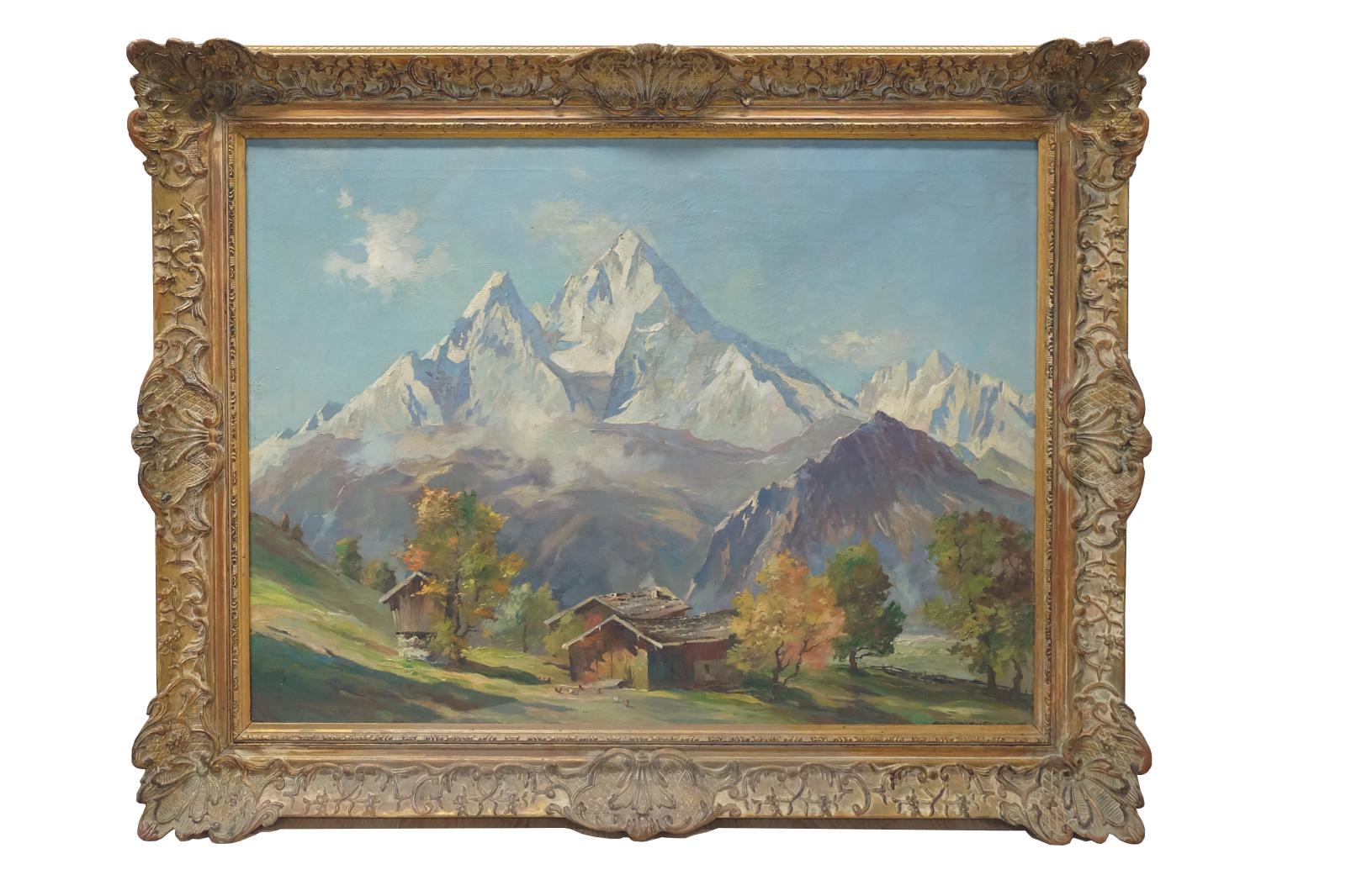 Maľovaný obraz olej na plátne. Alpská krajina .