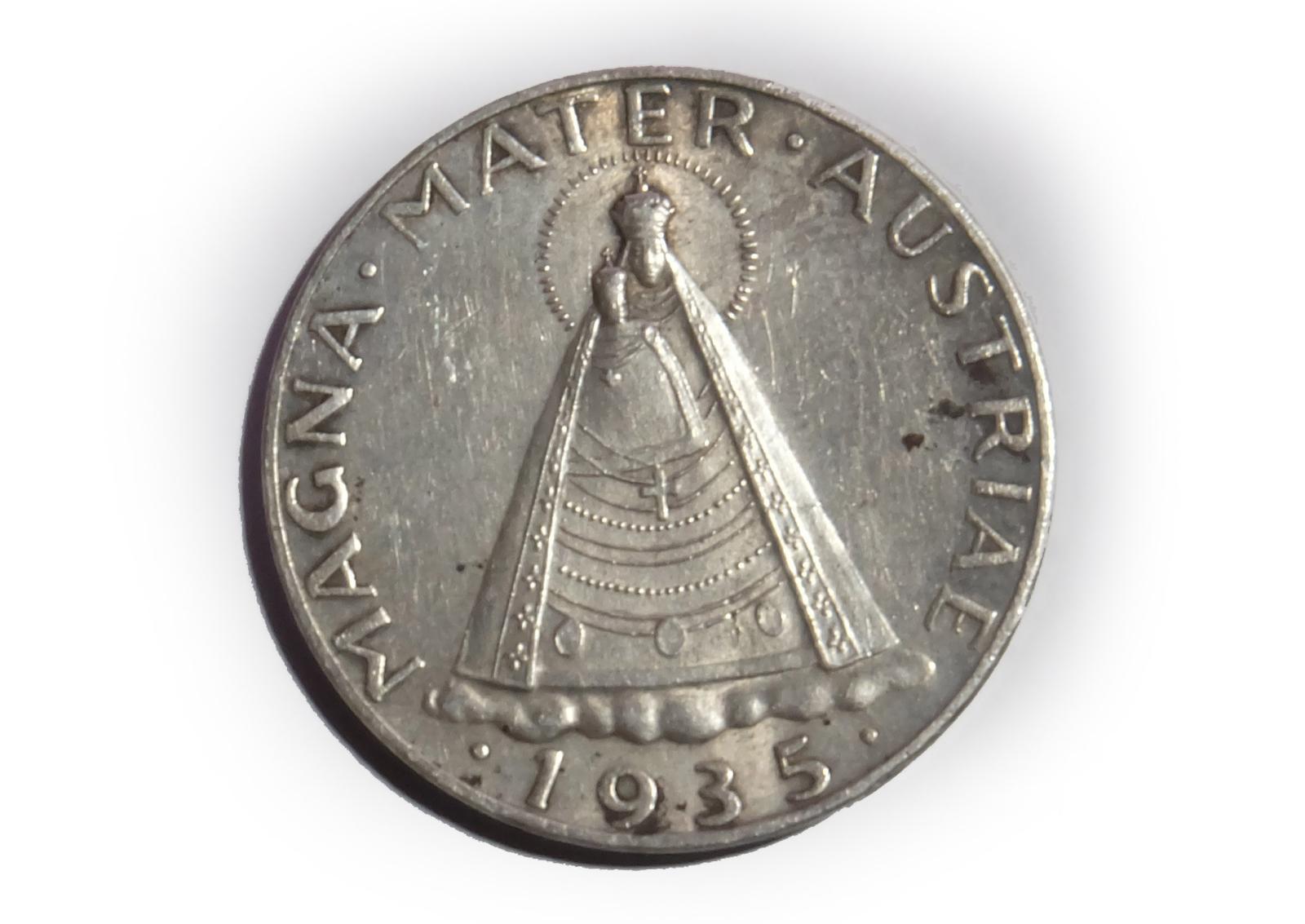 Strieborná minca 5 schilling Magna Mater 0/0 1935