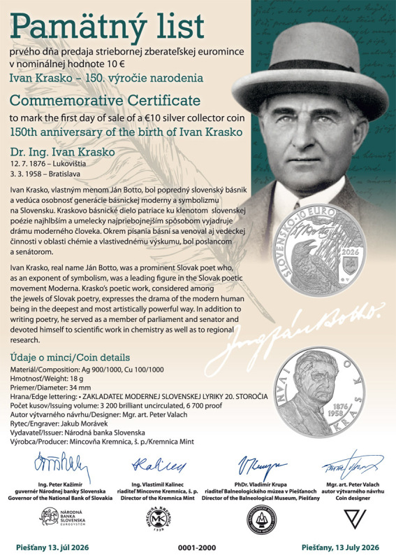 2026 Strieborná minca 10€ - Ivan Krasko - 150.výročie narodenia 3