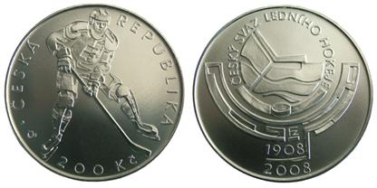 Pamätná strieborná minca 2008. 100. výročie založenia Českého svazu ledního hokeje 200 Kč