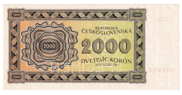 1945 2000 kčs séria Lt15 Stav N perforácia Specimen 1