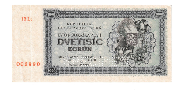 1945 2000 kčs séria Lt15 Stav N perforácia Specimen
