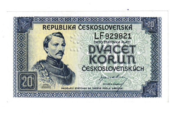 1945 20 kčs Borovský séria LF Stav N perforácia S