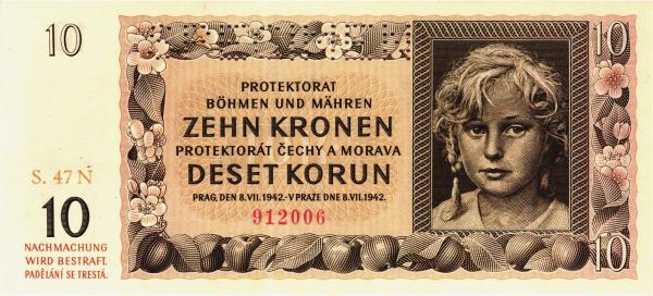 1942 10 korún protektorát Čechy a Morava S47 N Specimen UNC