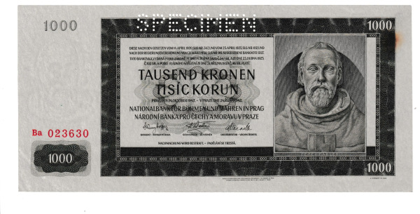 1942 1000 kčs Specimen Ba UNC