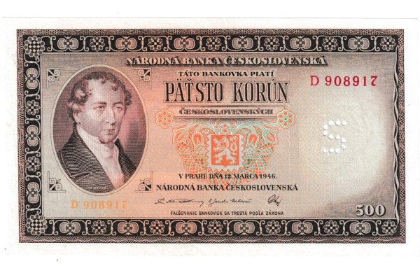 1945 500 kčs Kollar séria D Stav N perforácia S