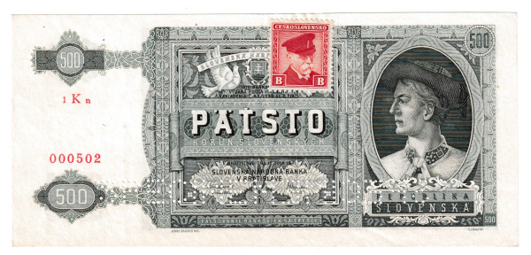 1941 500 korún 1Kn Specimen dvakrát dole s kolkom