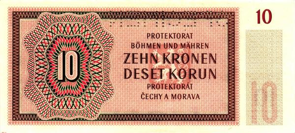 1942 10 korún protektorát Čechy a Morava S47 N Specimen UNC