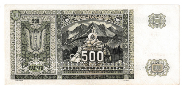 1941 500 korún 1Kn Specimen dvakrát dole s kolkom 1