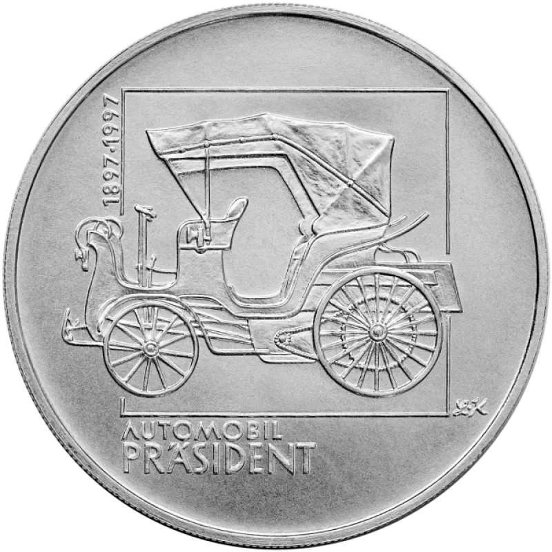 Pamätná strieborná minca. 200 kč 1997. 100. výročie výroby prvého osobného automobilu