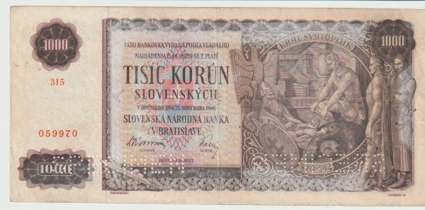 1940 1000 korun Slovenský štát séria 3I5 SPECIMEN 2X