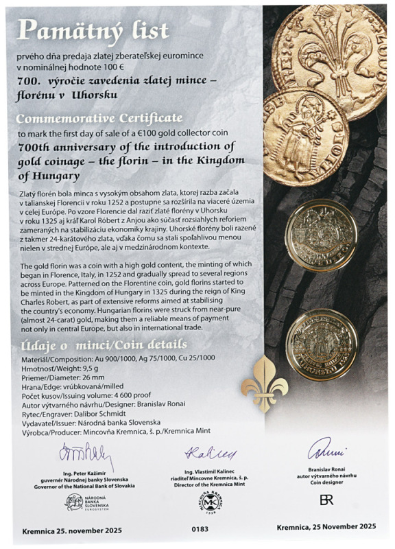 100 EURO/2025 - Zavedenie zlatej mince - florénu v Uhorsku - 700.výročie 2