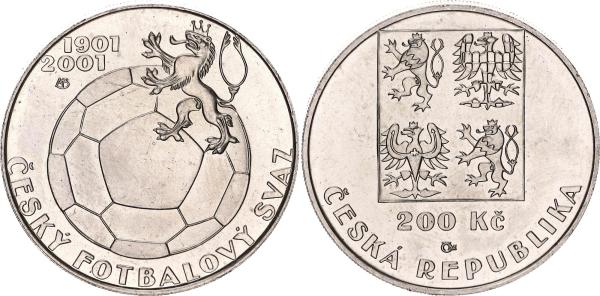 2001 / 200 kč. Pamätná strieborná minca. Český fotbalový zvaz