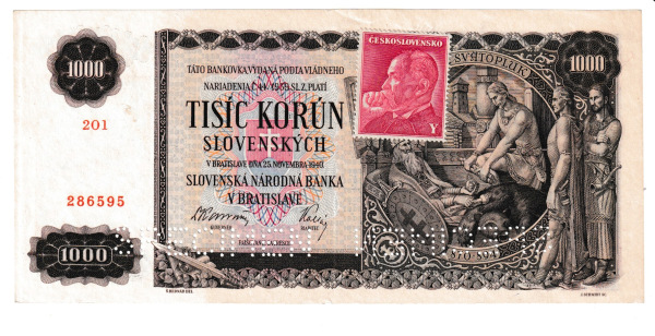 1940 1000 korun Slovenský štát séria 2o1 SPECIMEN kolok Masaryk