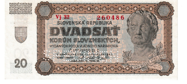 1942 20 korún Hollý Vj Specimen AUnc