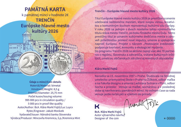 2026 Pamätná minca 2€ - Európske hlavné mesto kultúry Trenčín 2026 vrátane pamätného listu 1
