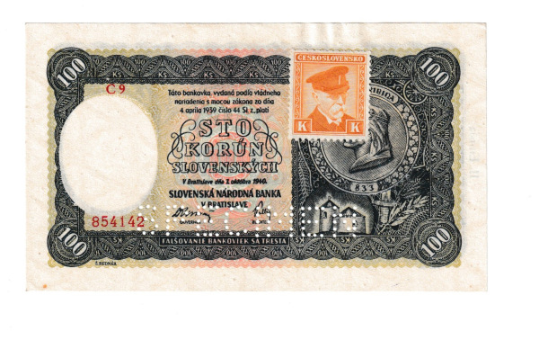 1940 100 korún C9 Specimen kolok Masaryk