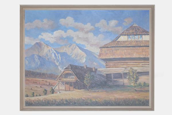 Veľký obraz Tatranské domy Mal. Pintér. 97 x 117 cm.