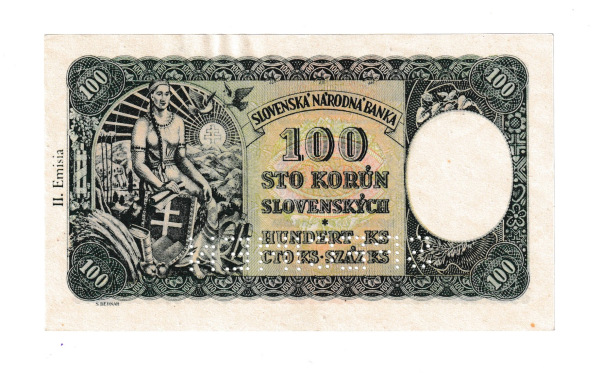 1940 100 korún C9 Specimen kolok Masaryk 1