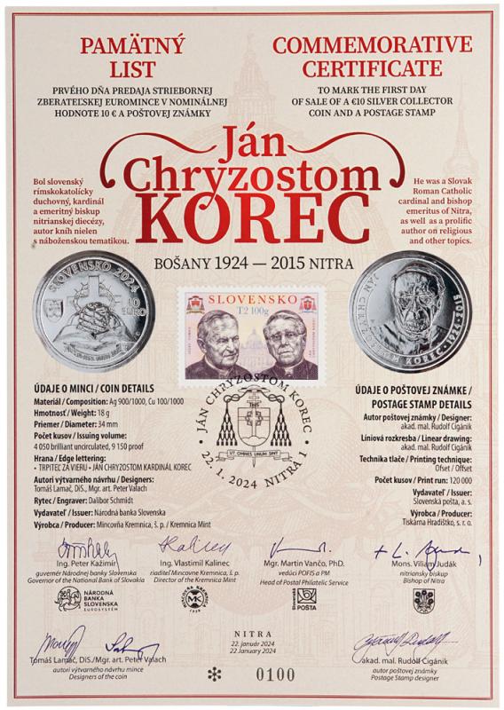 Strieborná minca 10€ (2024) proof - Ján Chryzostom Korec- 100.výročie narodenia