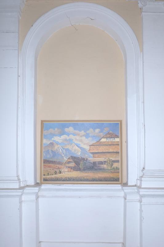 Veľký obraz Tatranské domy Mal. Pintér. 97 x 117 cm.