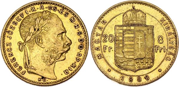 1888 8 Forint / 20 Frank Kb František Jozef Rakúsko Uhorsko