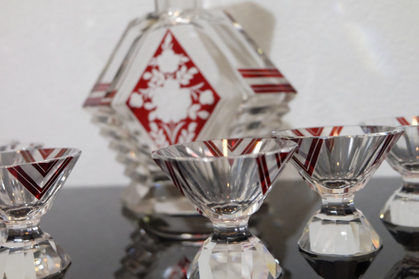 Art deco luxusný set na alkohol z brúseného skla komplet 40 roky 3