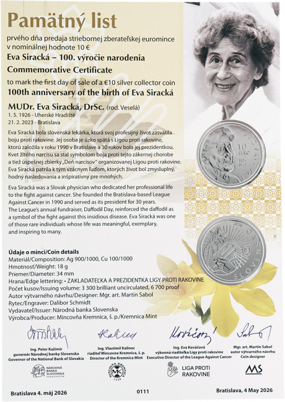 2026 Strieborná minca 10€ - Eva Siracká - 100.výročie narodenia 2