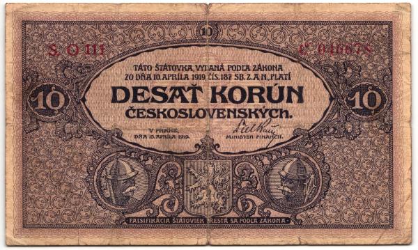 1919 10 korún Československých S.O. 111 VZáCNA BANKOVKA