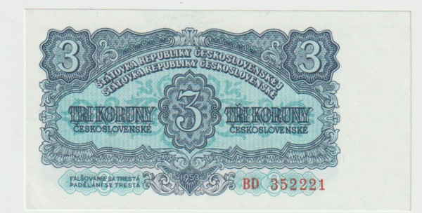 1953 3 kčs séria BD UNC