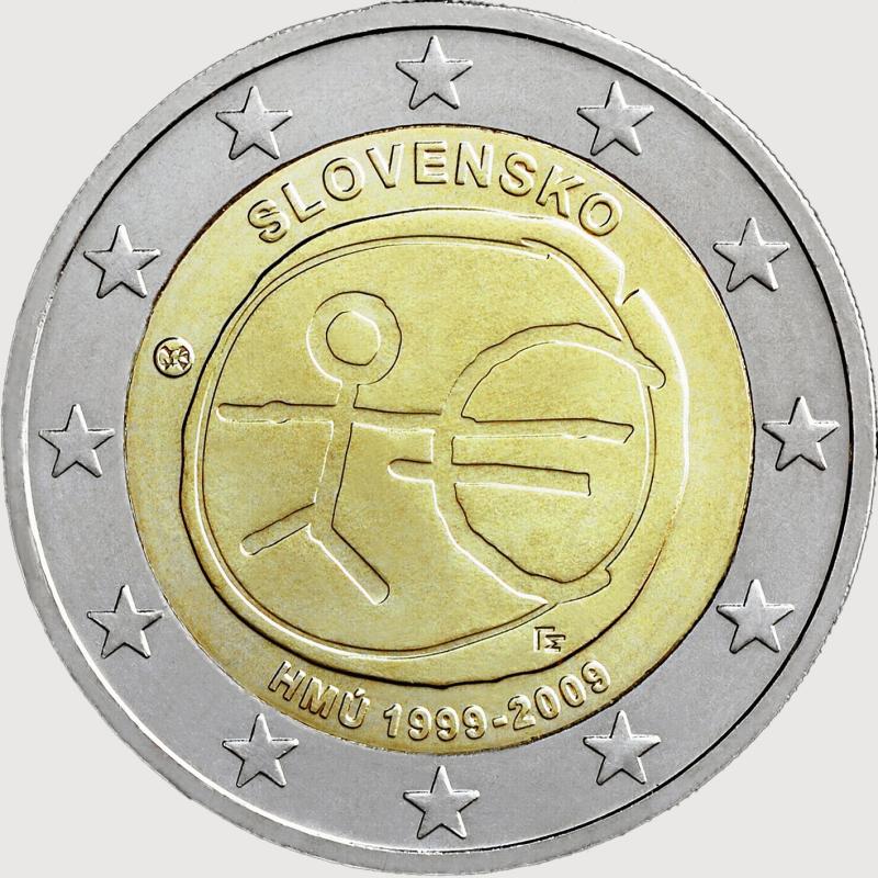 Slovensko 2 euro 2009 10. výročie hospodárskej a menovej únie. Karta