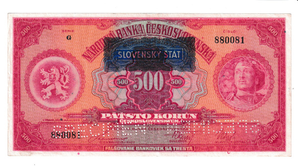 1939 500 Korún Slovenský Štát séria G Specimen