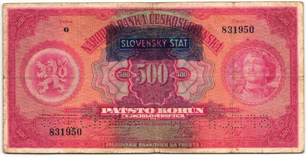 1939 500 Korún Slovenský Štát séria G Specimen