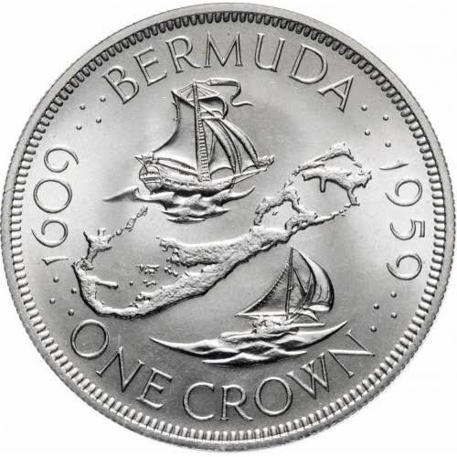 1959 Strieborná mincaBermudy 1 Crown *Elizabeth II Commemorative 1609-1959 1