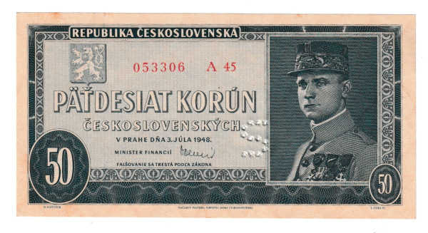 1948 50 kčs Štefánik séria A Stav N vzácna perforácia S